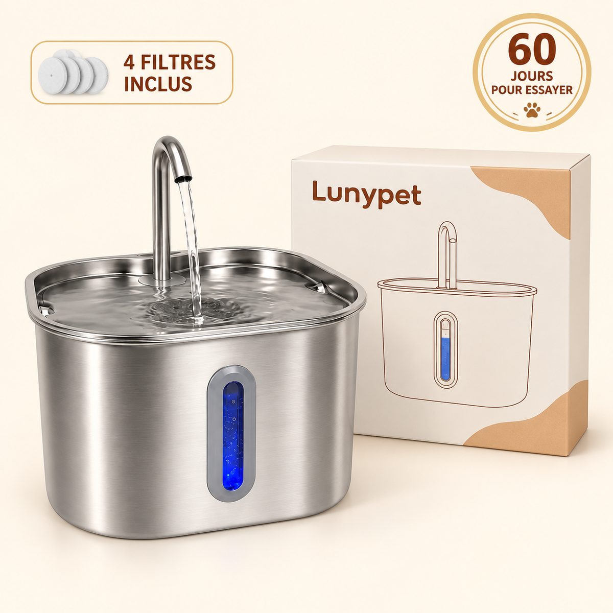 Fontaine à eau pour chat Lunypet en acier inoxydable avec quatre filtres inclus