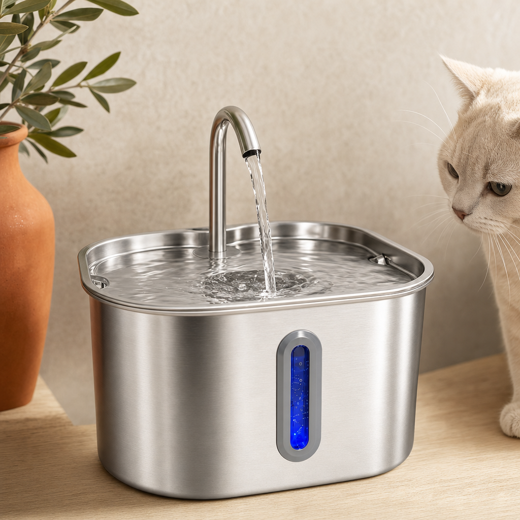 Fontaine à eau Lunypet en acier inoxydable avec jet d’eau et chat