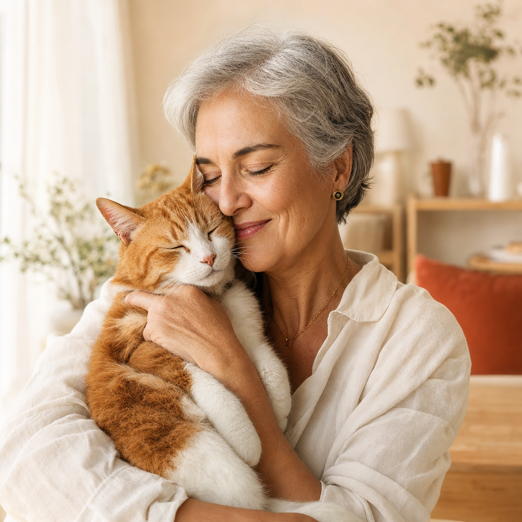 Propriétaire tenant affectueusement son chat senior