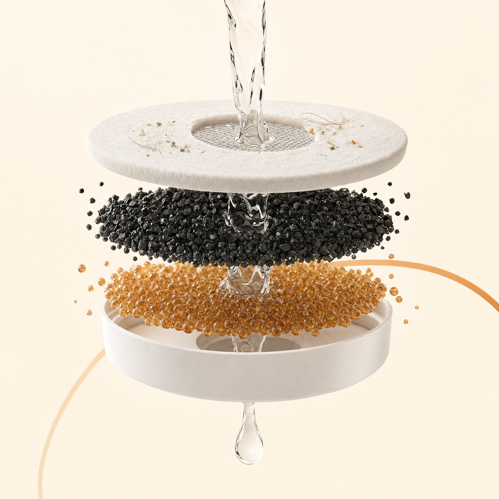 Illustration des trois couches du filtre de la fontaine Lunypet